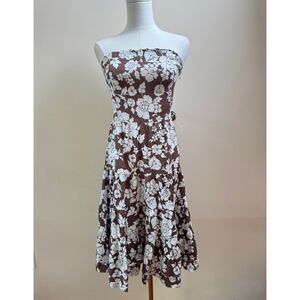 Vintage Forever 21 Strapless Cotton Brown Floral Dress Tiered Skirt  - Large